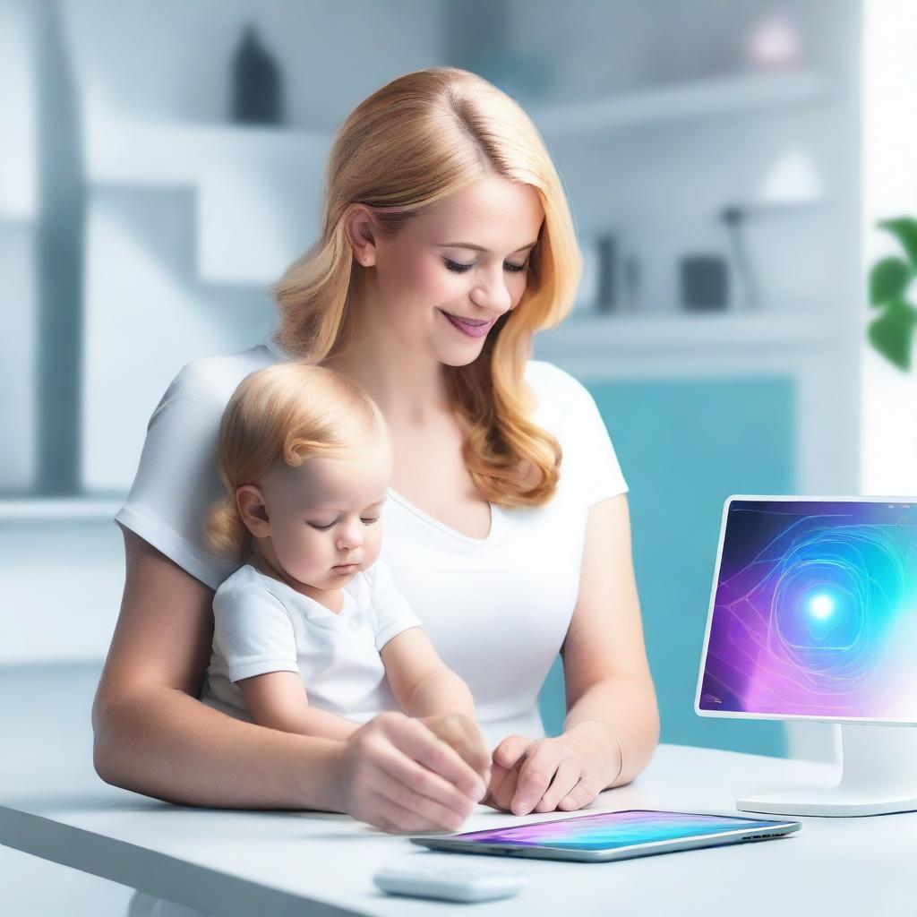 Create a vibrant, realistic, and futuristic image that reflects modern motherhood and technology