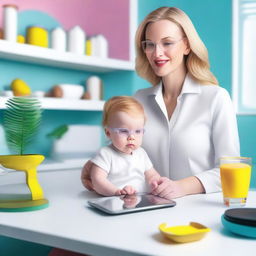 Create a vibrant, realistic, and futuristic image that reflects modern motherhood and technology