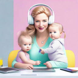 Create a vibrant, realistic, and futuristic image that reflects modern motherhood and technology