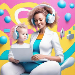 Create a vibrant, realistic, and futuristic image that reflects modern motherhood and technology