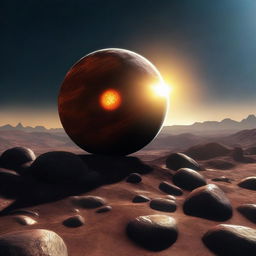 A rocky planet with the core of the planet, which looks like the sun, visible in the background