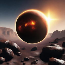 A rocky planet with the core of the planet, which looks like the sun, visible in the background