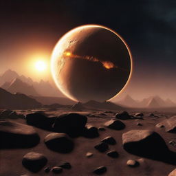 A rocky planet with the core of the planet, which looks like the sun, visible in the background