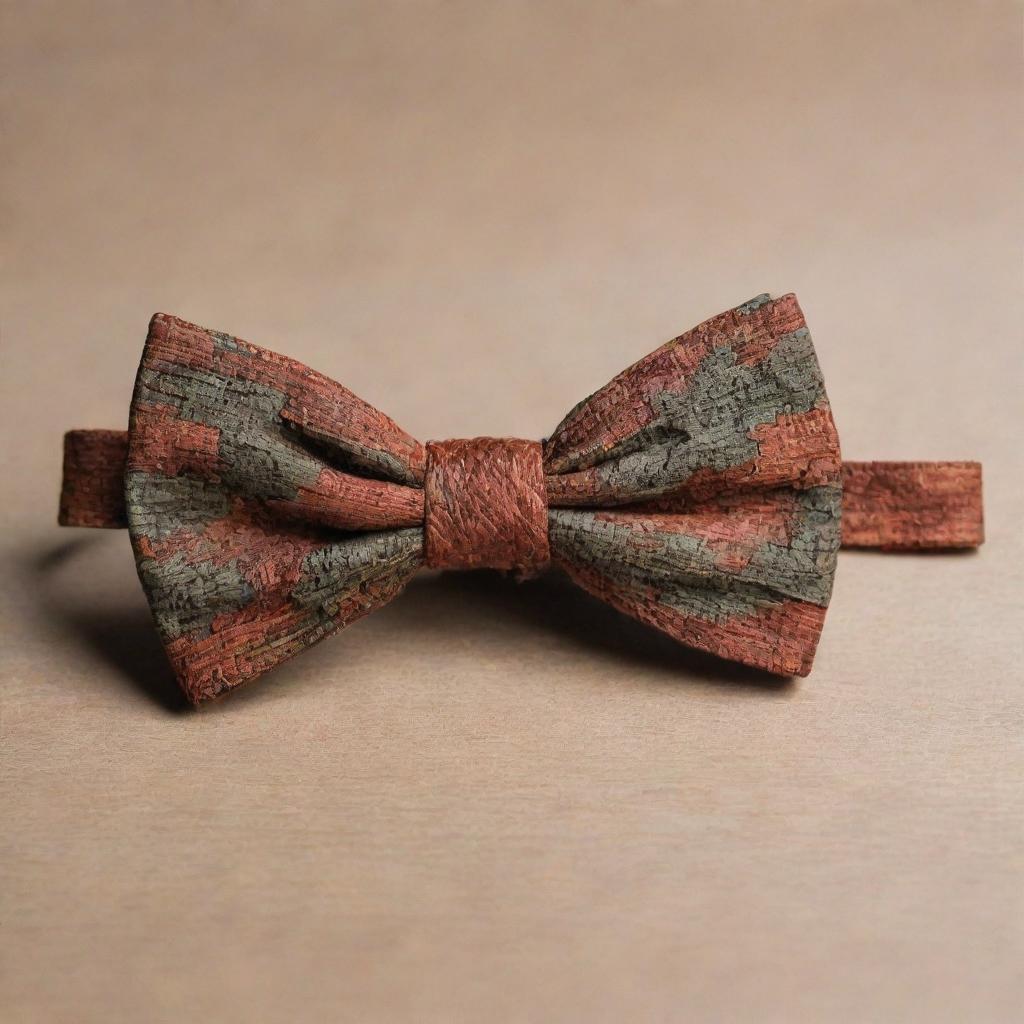 A bow tie inspired by nature, with a knot shaped like a maple leaf and a long Regate knot. Its hues and textures mimic the intricate shades of tree bark.