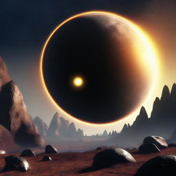 A rocky planet with the core of the planet, which looks like the sun, visible in the background