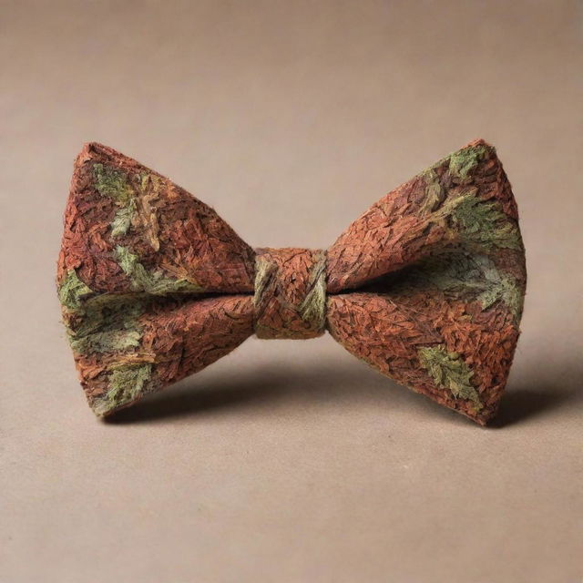 A bow tie inspired by nature, with a knot shaped like a maple leaf and a long Regate knot. Its hues and textures mimic the intricate shades of tree bark.