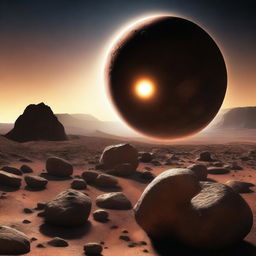 A rocky planet with a bright, round object in the sky