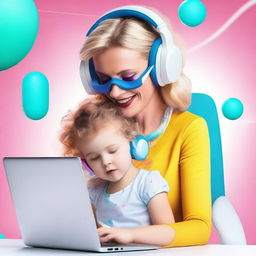 Create a vibrant, realistic, and futuristic image that reflects modern motherhood and technology