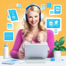 Create a vibrant, realistic, and futuristic image that reflects modern motherhood and technology