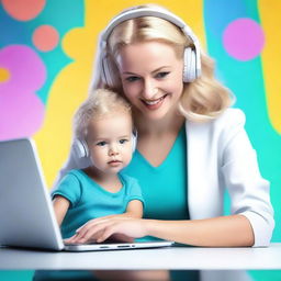 Create a vibrant, realistic, and futuristic image that reflects modern motherhood and technology