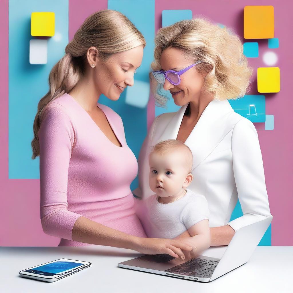 Create a dynamic, vibrant, and futuristic image that reflects modern motherhood and technology in action