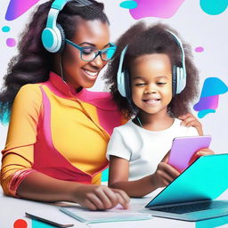 Create a dynamic, vibrant, and futuristic image that reflects modern motherhood and technology in action