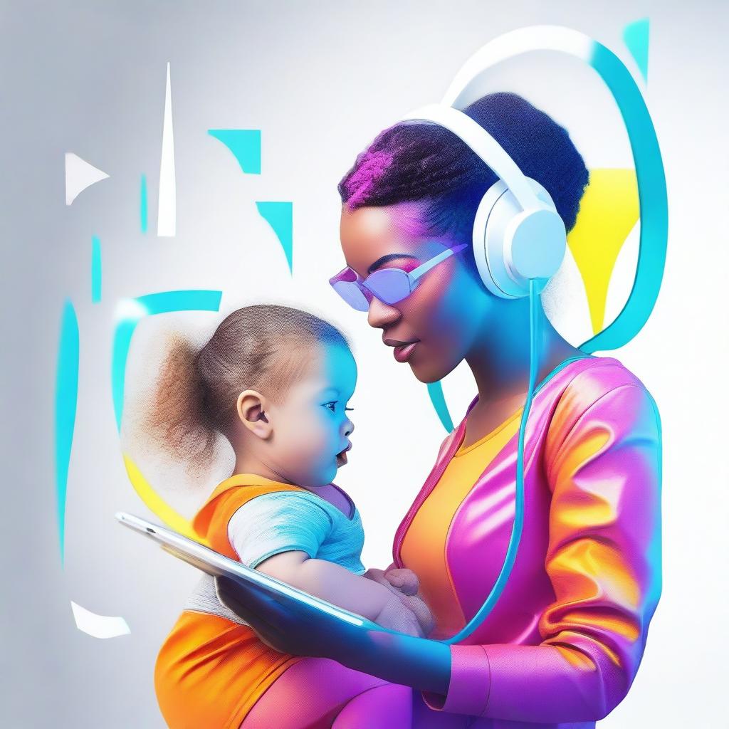 Create a dynamic, vibrant, and futuristic image that reflects modern motherhood and technology in action