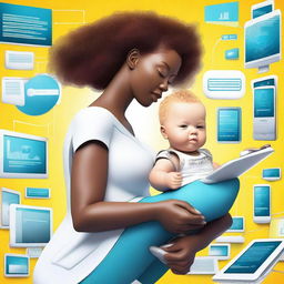 Create a dynamic, vibrant, and futuristic image that reflects modern motherhood and technology in action