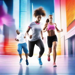 Create a highly dynamic and futuristic image that reflects the power of modern fitness and technology in action