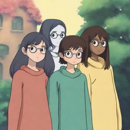 A high quality Studio Ghibli inspired photo of four friends together