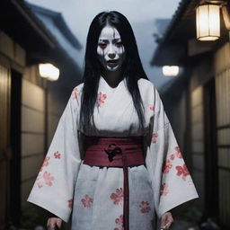 A representation of the Japanese urban legend 'Kuchisake-onna', with her kimono, scissor and the distinctive mouth slit, standing in a dimly lit, misty alley