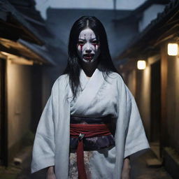 A representation of the Japanese urban legend 'Kuchisake-onna', with her kimono, scissor and the distinctive mouth slit, standing in a dimly lit, misty alley