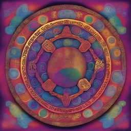 A vibrant, intricately designed wheel of karma, with Maya's silhouette at the center, surrounded by mystical symbols and patterns