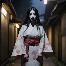 A representation of the Japanese urban legend 'Kuchisake-onna', with her kimono, scissor and the distinctive mouth slit, standing in a dimly lit, misty alley