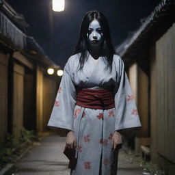 A representation of the Japanese urban legend 'Kuchisake-onna', with her kimono, scissor and the distinctive mouth slit, standing in a dimly lit, misty alley