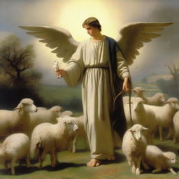 A serene pastoral scene with a young shepherd tending to a flock of sheep