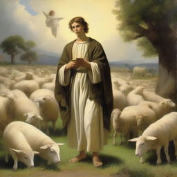 A serene pastoral scene with a young shepherd tending to a flock of sheep