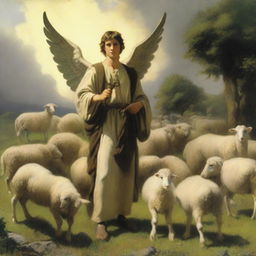 A serene pastoral scene with a young shepherd tending to a flock of sheep