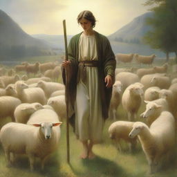 A serene pastoral scene with a young shepherd tending to a flock of sheep