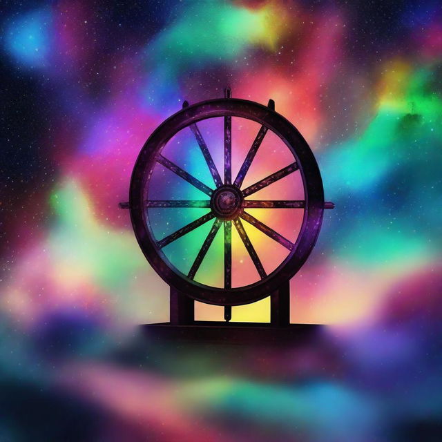 Create an image of 'The Wheel of Karma' with a backdrop of nebulas