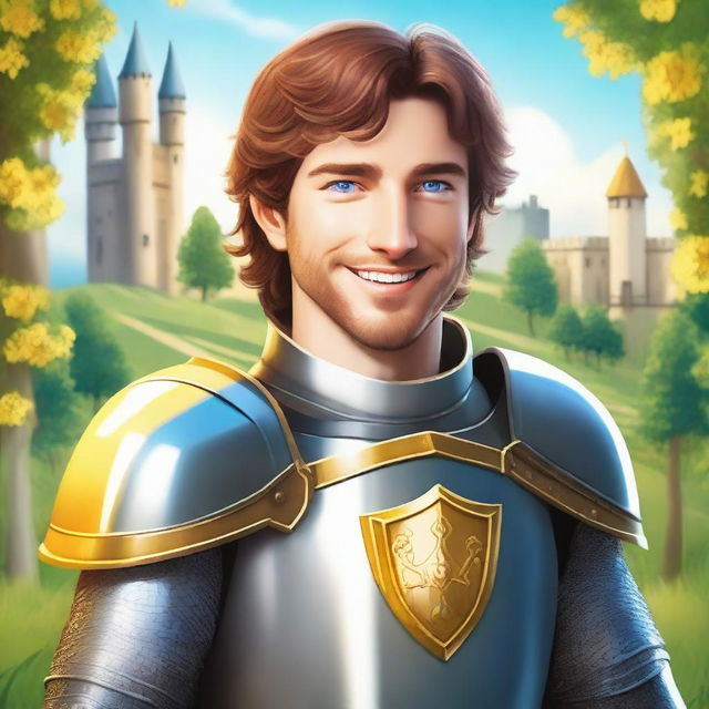 A charismatic smiling knight with brown hair and blue eyes, holding a glowing yellow sword