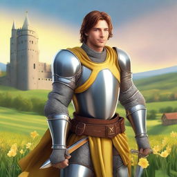 A charismatic smiling knight with brown hair and blue eyes, holding a glowing yellow sword