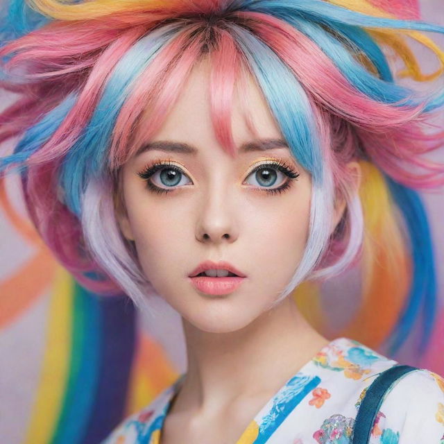 An anime-style woman with big expressive eyes, colorful hair, and trend-setting attire, posed against a beautifully rendered backdrop.