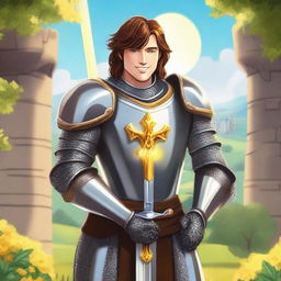 A charismatic smiling knight with brown hair and blue eyes, holding a glowing yellow sword