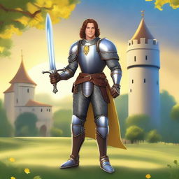 A charismatic smiling knight with brown hair and blue eyes, holding a glowing yellow sword