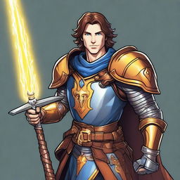 A charismatic smiling knight with brown hair and blue eyes, holding a glowing yellow sword