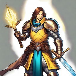 A charismatic smiling knight with brown hair and blue eyes, holding a glowing yellow sword