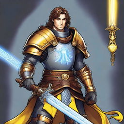 A charismatic smiling knight with brown hair and blue eyes, holding a glowing yellow sword