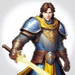 A charismatic smiling knight with brown hair and blue eyes, holding a glowing yellow sword