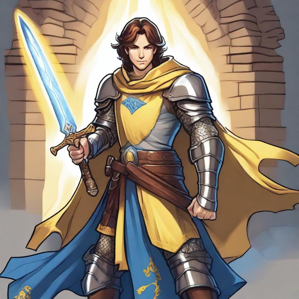 A charismatic smiling knight with brown hair and blue eyes, holding a glowing yellow sword and wearing a flowing cape