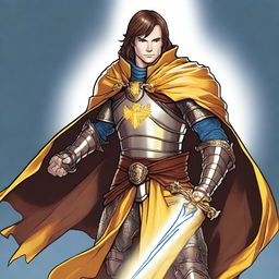 A charismatic smiling knight with brown hair and blue eyes, holding a glowing yellow sword and wearing a flowing cape