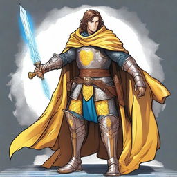 A charismatic smiling knight with brown hair and blue eyes, holding a glowing yellow sword and wearing a flowing cape