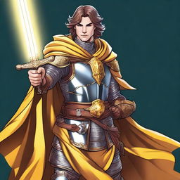 A charismatic smiling knight with brown hair and blue eyes, holding a glowing yellow sword and wearing a flowing cape