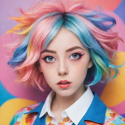 An anime-style woman with big expressive eyes, colorful hair, and trend-setting attire, posed against a beautifully rendered backdrop.