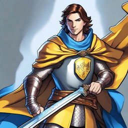 A charismatic smiling knight with brown hair and blue eyes, holding a glowing yellow sword and wearing a flowing blue cape