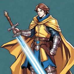 A charismatic smiling knight with brown hair and blue eyes, holding a glowing yellow sword and wearing a flowing blue cape