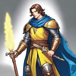 A charismatic smiling knight with brown hair and blue eyes, holding a glowing yellow sword and wearing a flowing blue cape