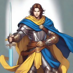 A charismatic smiling knight with brown hair and blue eyes, holding a glowing yellow sword and wearing a flowing blue cape