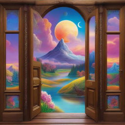 A beautiful and fantastical landscape visible through an open door