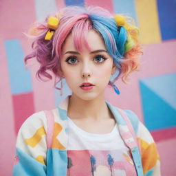 An anime-style woman with big expressive eyes, colorful hair, and trend-setting attire, posed against a beautifully rendered backdrop.